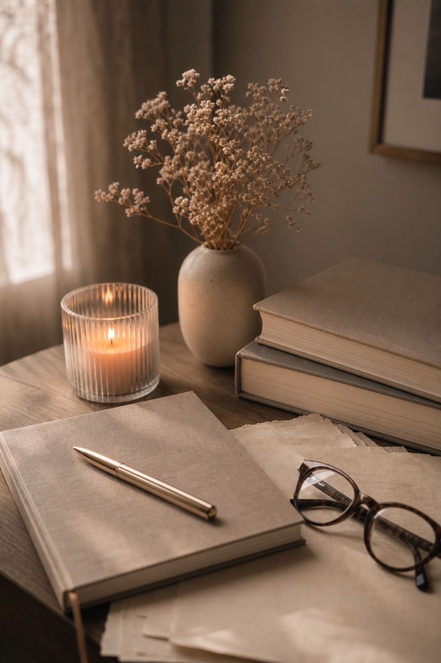 A soft photographic writing desk scene with candlelight, journal, reading glasses, and manuscript pages.