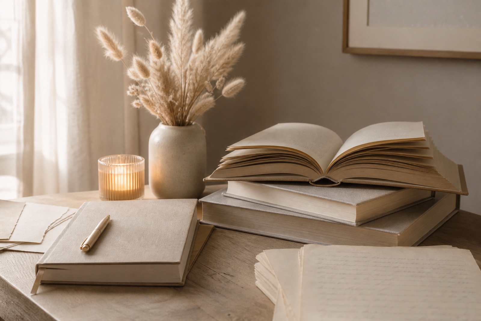 A soft photographic author still life with books, pages, candlelight, and dried stems.